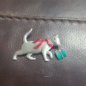 Elegant Cat Brooch with Red and Green Accents